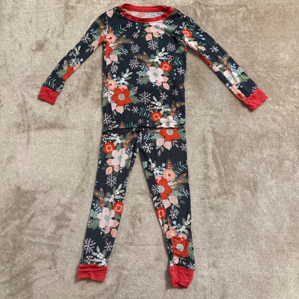 Little Sleepies Winter Floral Bamboo Pajama Set 2T Red Navy Snowflake Holiday